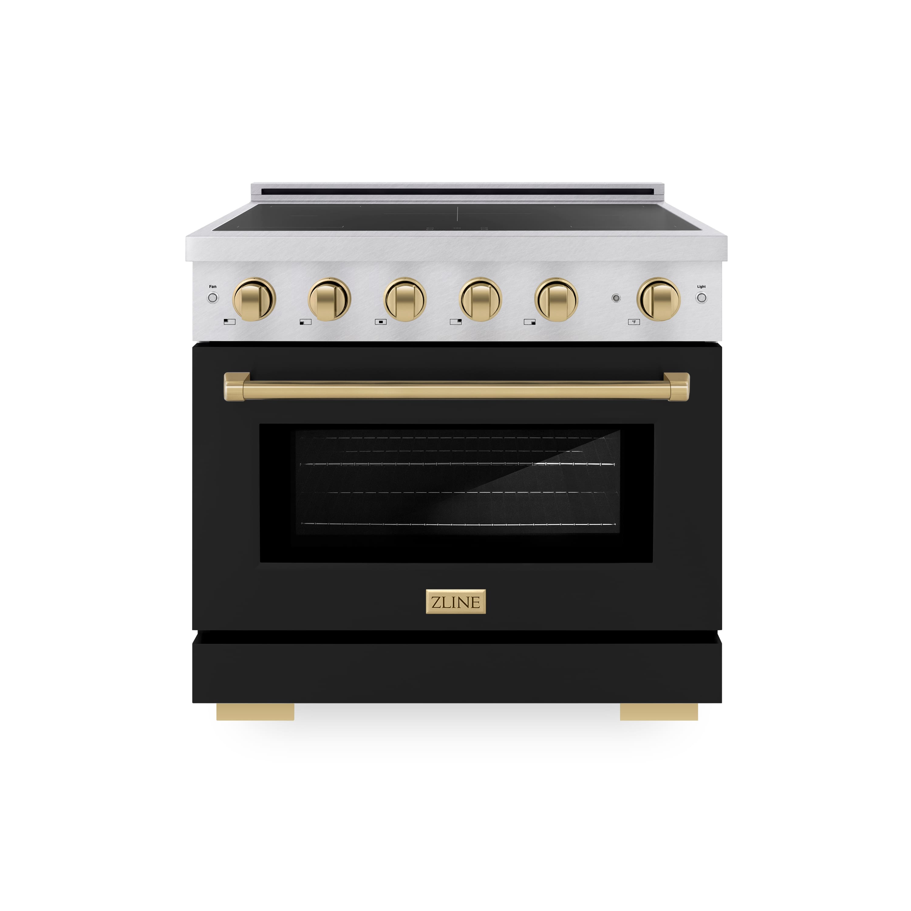 Front. ZLINE - Autograph 36 in. 5.2 cu. ft. Paramount Freestanding Induction Range in Satin Steel with Bronze Accents & Black Door - Matte Black.