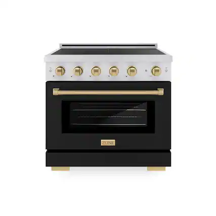 Front. ZLINE - Autograph 36 in. 5.2 cu. ft. Paramount Freestanding Induction Range in Satin Steel with Bronze Accents & Black Door - Matte Black.