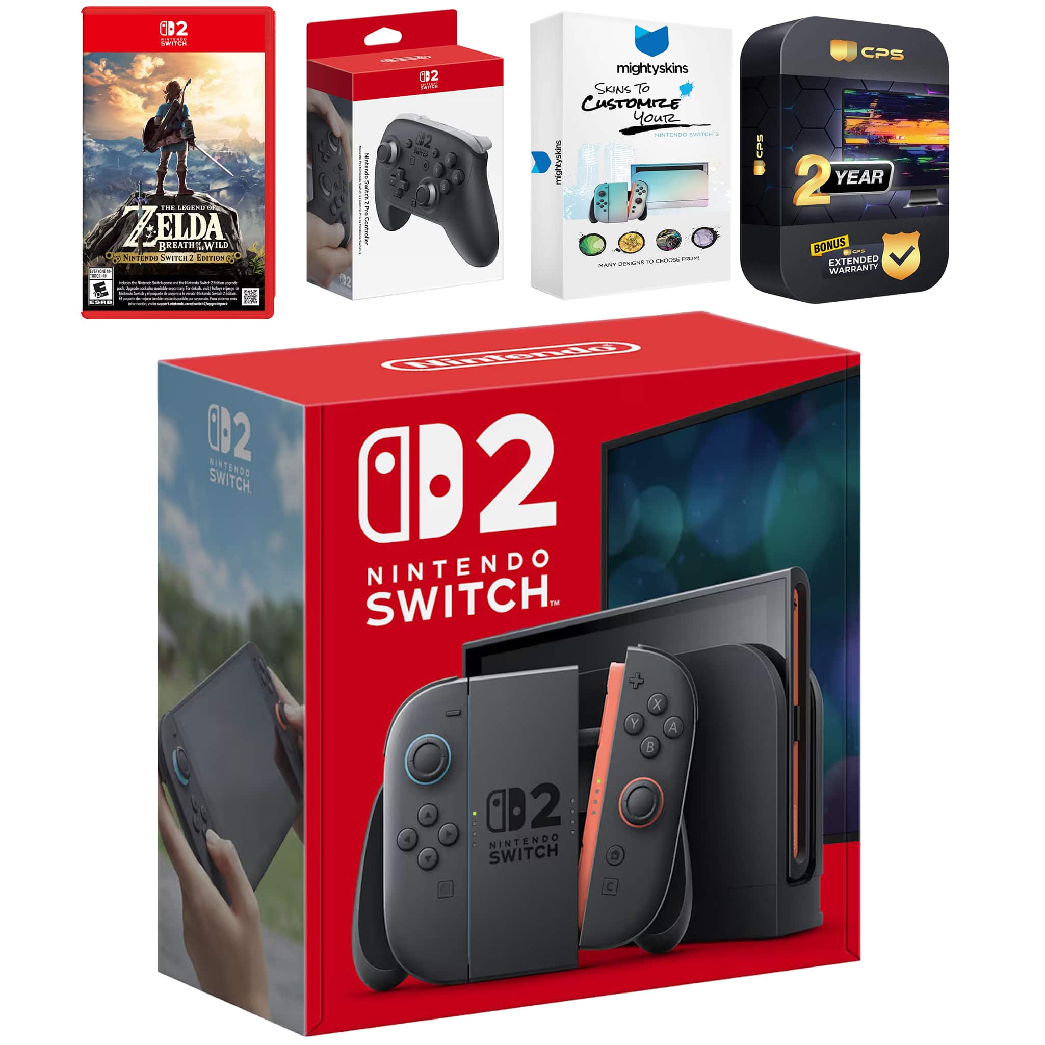 Switch 2 Console with Zelda Breath of the Wild, Pro Controller, MightySkins Code and 2 CPS Year Extended - Nintendo Switch 2