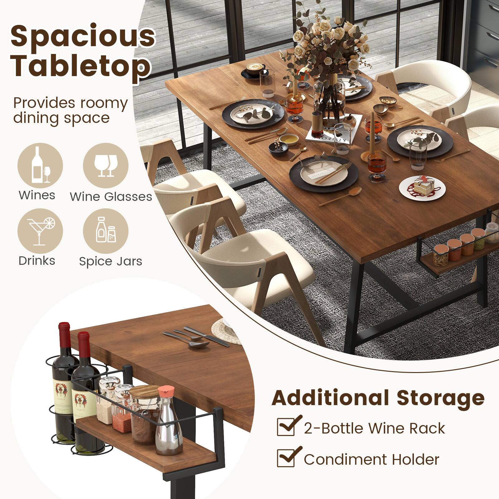 Spacious Tabletop, Provides roomy dining space, Wines, Wine Glasses, Drinks, Spice Jars, Additional Storage, 2-Bottle Wine Rack, Condiment Holder