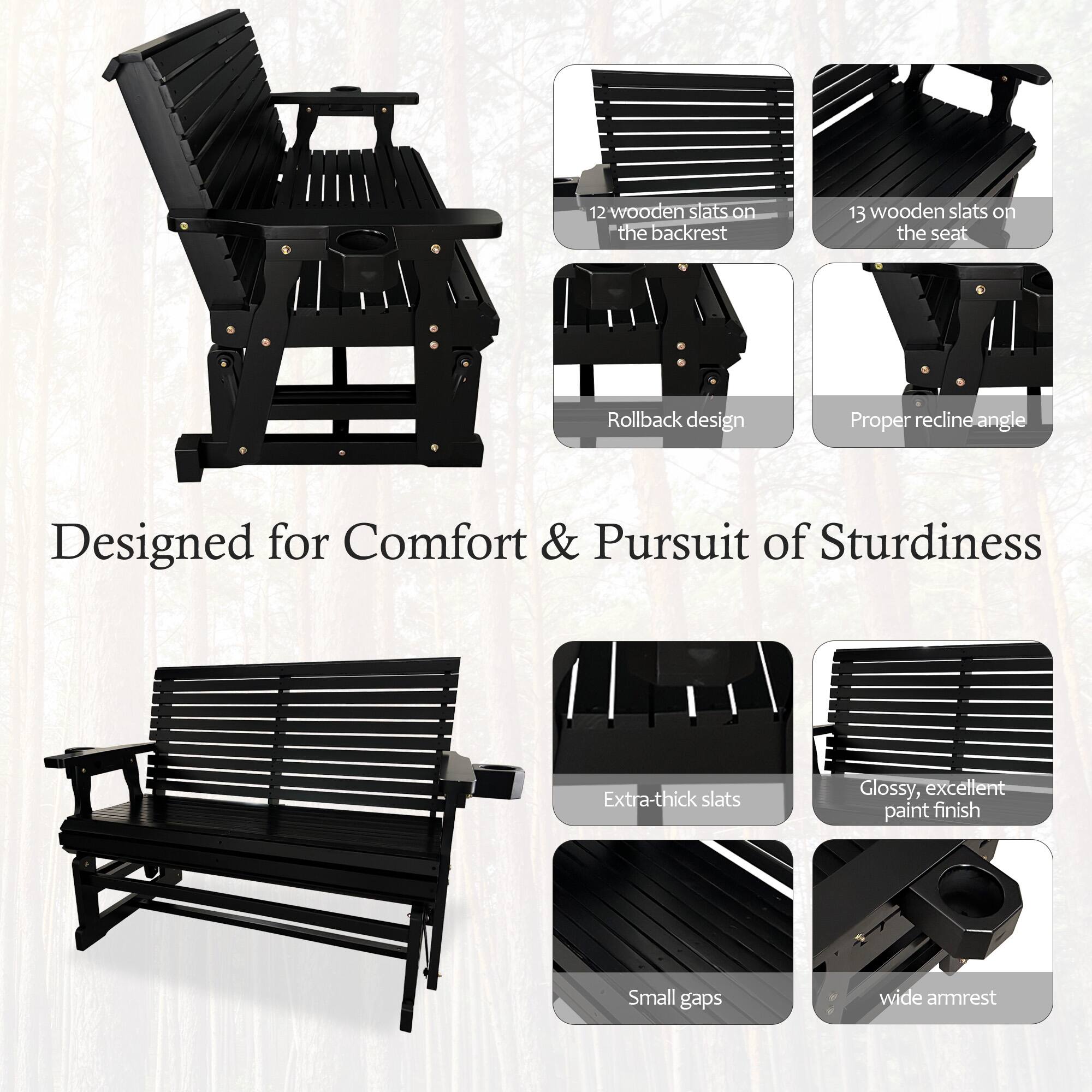 12 wooden slats on the backrest  
13 wooden slats on the seat  
Rollback design  
Proper recline angle  
Designed for Comfort & Pursuit of Sturdiness  
Extra-thick slats  
Glossy, excellent paint finish  
Small gaps  
Wide armrest