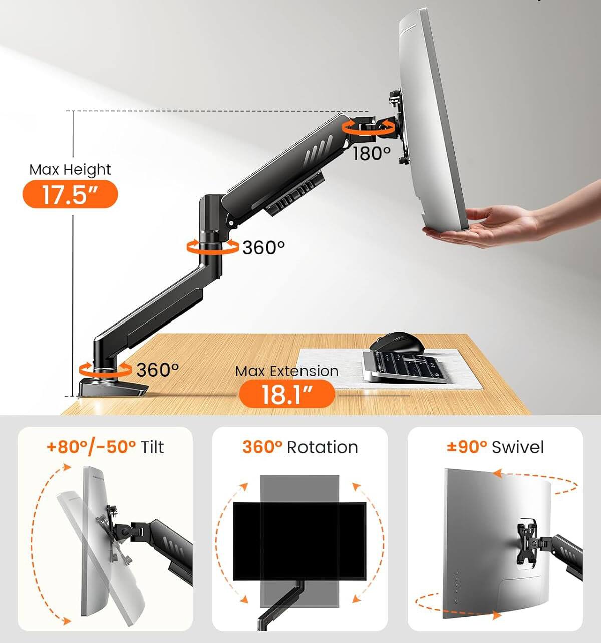 Max Height: 17.5"  
Max Extension: 18.1"  
Tilt: +80°/-50°  
Rotation: 360°  
Swivel: ±90°