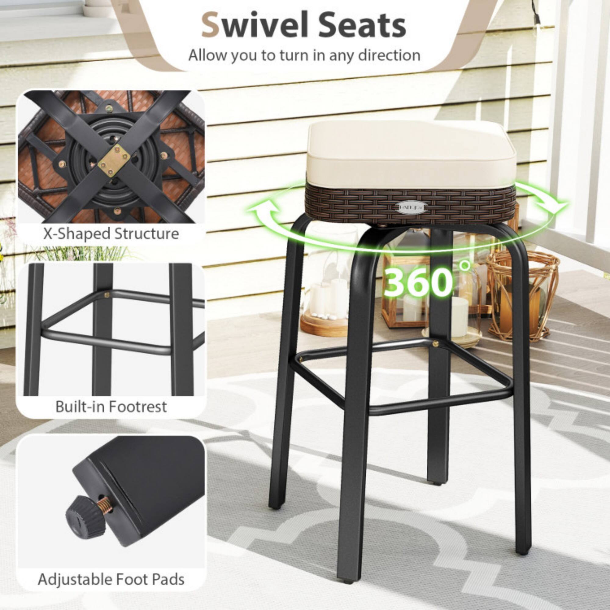 Swivel Seats  
Allow you to turn in any direction  

X-Shaped Structure  
360°  

Built-in Footrest  
Adjustable Foot Pads