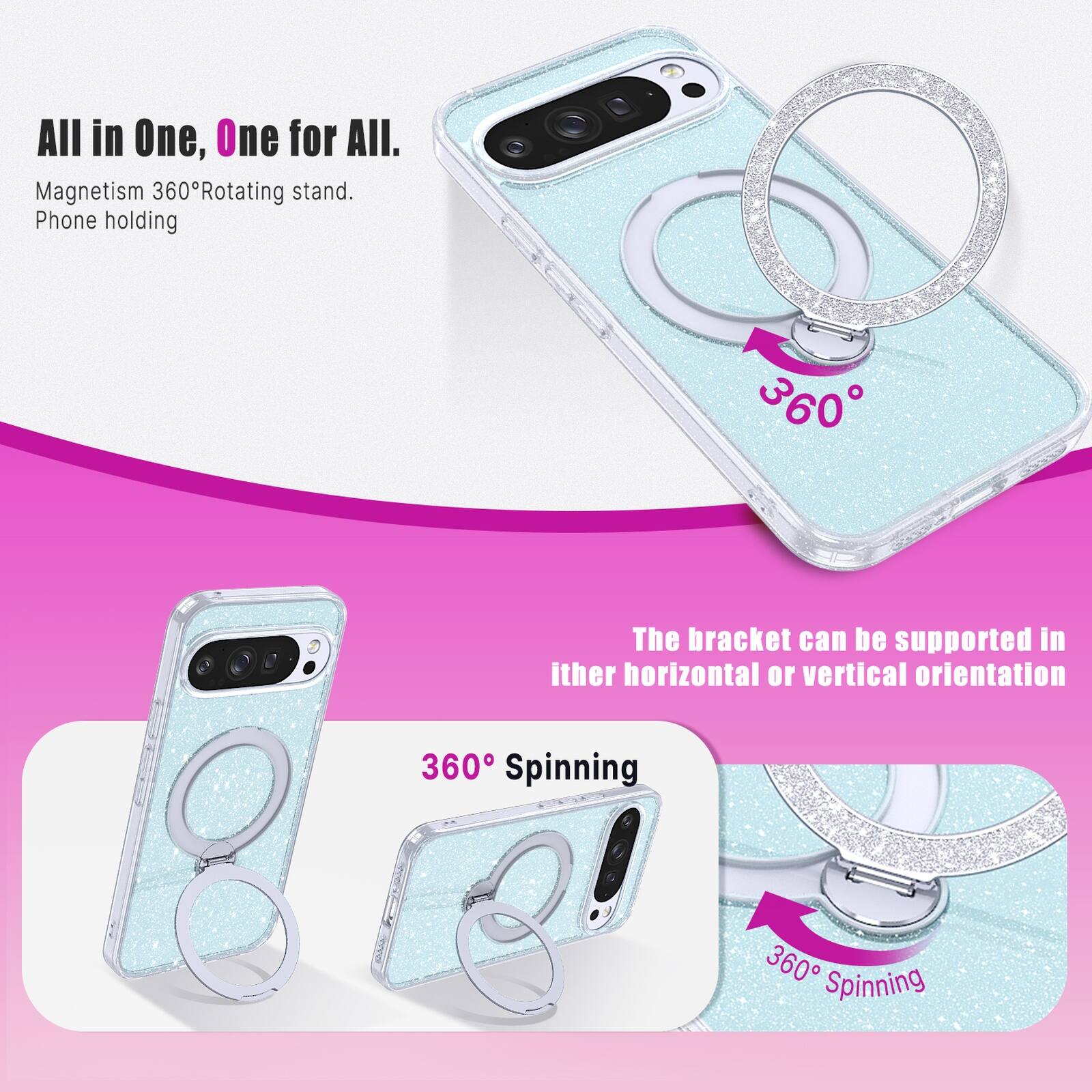 All in One, One for All.  
Magnetism 360° Rotating stand.  
Phone holding  

The bracket can be supported in either horizontal or vertical orientation  

360° Spinning  
360° Spinning