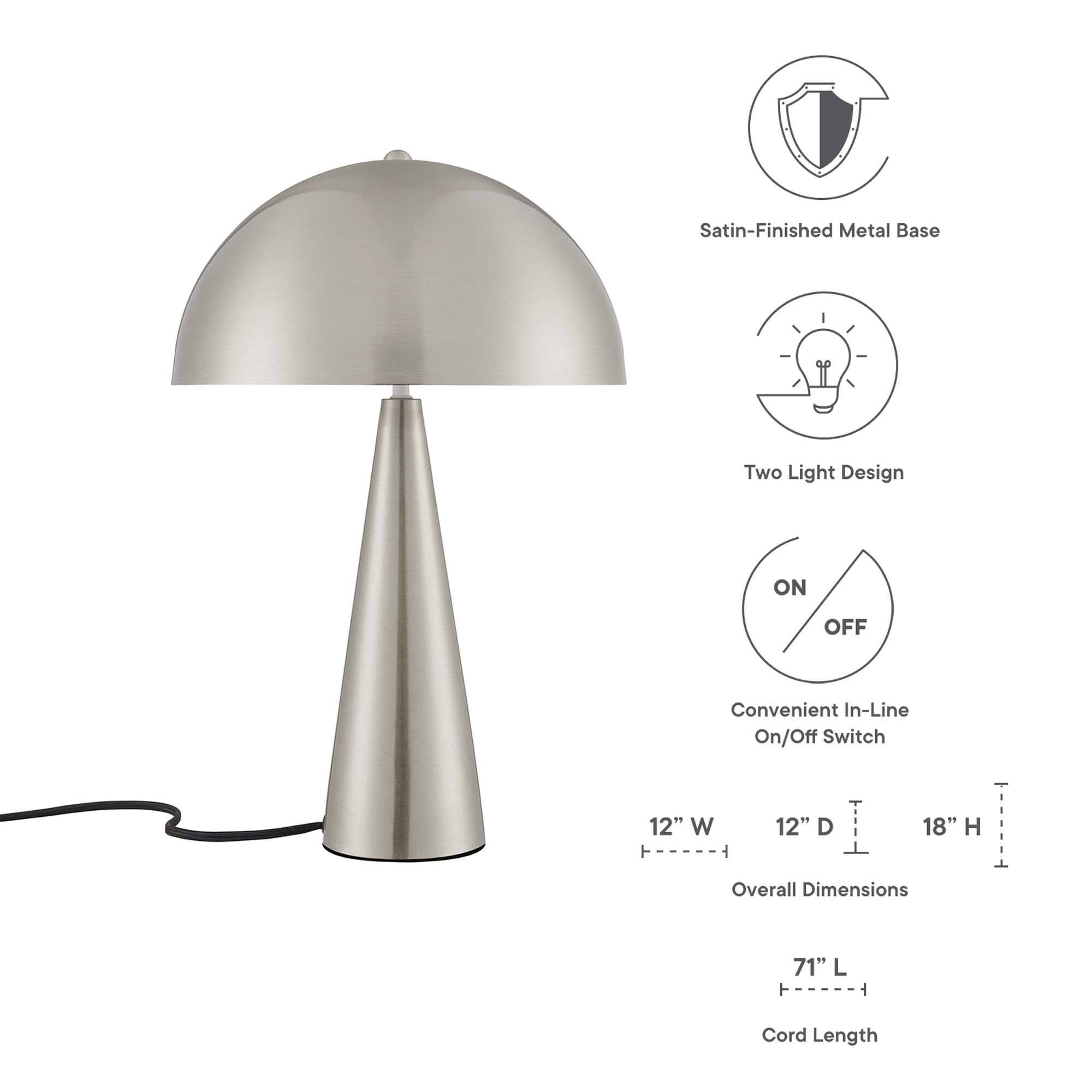 Satin-Finished Metal Base  
Two Light Design  
Convenient In-Line On/Off Switch  

Overall Dimensions:  
12" W x 12" D x 18" H  

Cord Length: 71" L