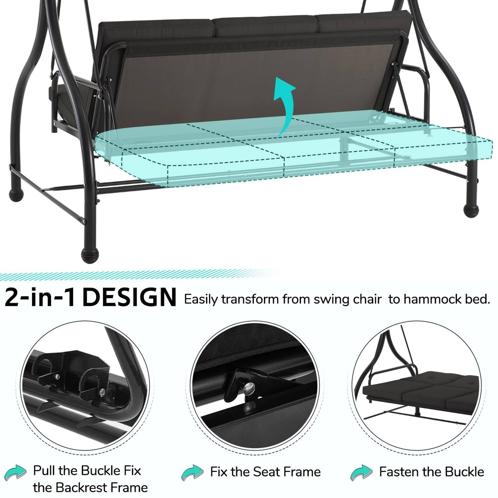 2-in-1 DESIGN  
Easily transform from swing chair to hammock bed.  
1. Pull the Buckle  
2. Fix the Backrest Frame  
3. Fix the Seat Frame  
4. Fasten the Buckle