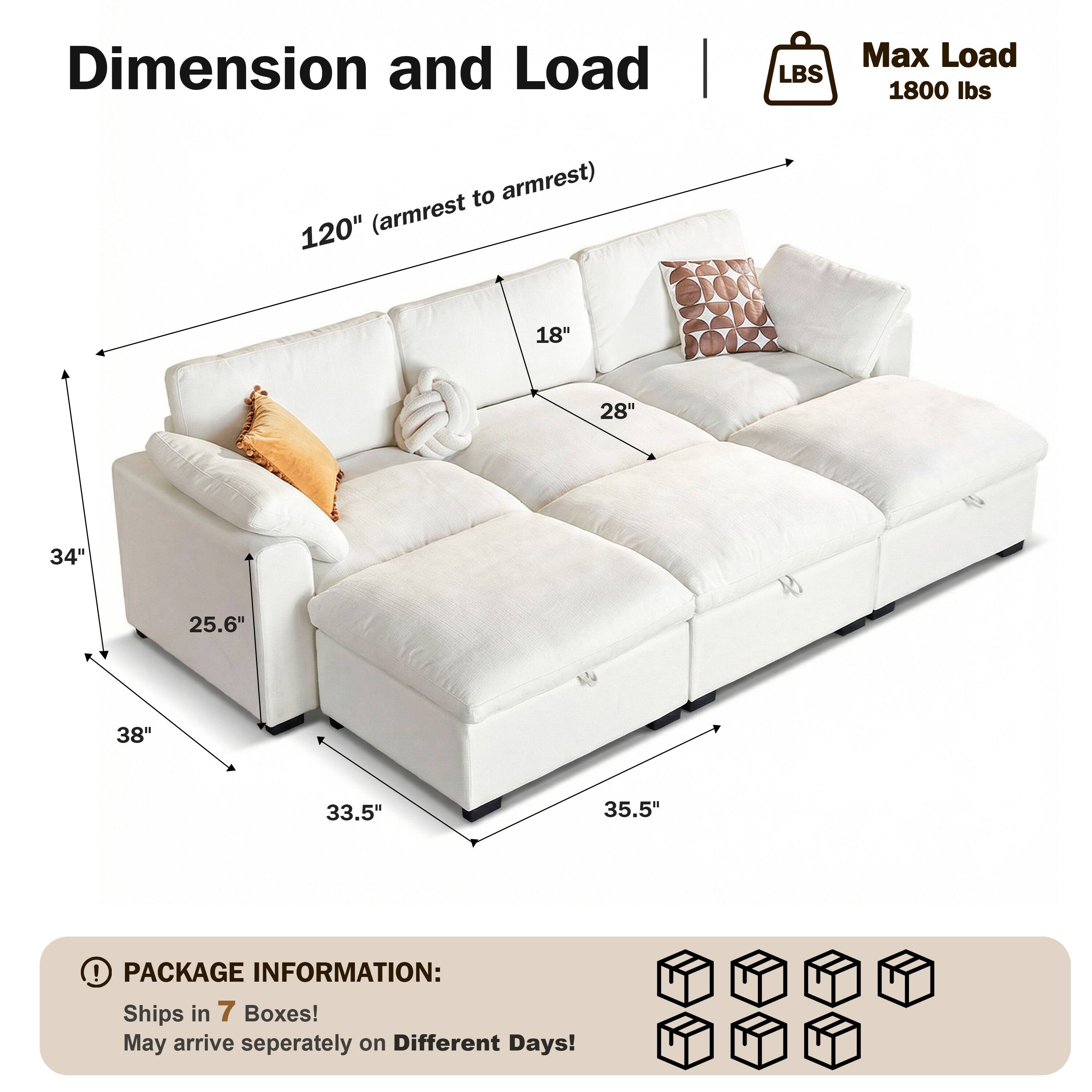 Dimension and Load | LBS  
Max Load: 1800 lbs  
120" (armrest to armrest)  
18"  
28"  
34"  
25.6"  
38"  
33.5"  
35.5"  

PACKAGE INFORMATION:  
Ships in 7 Boxes!  
May arrive separately on Different Days!