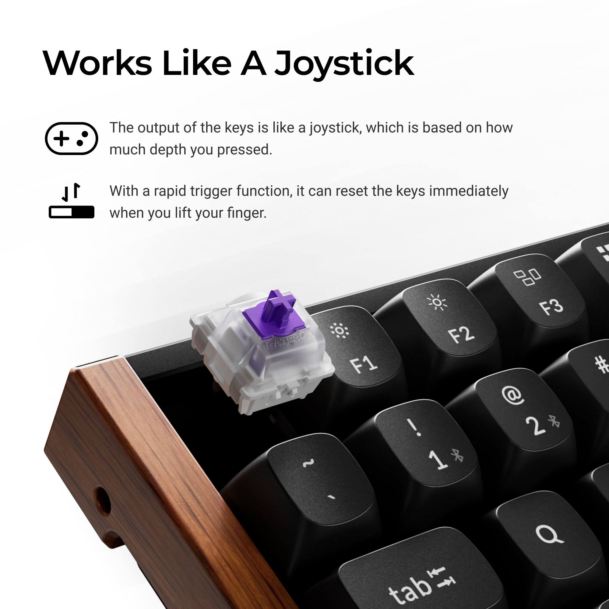 Works Like A Joystick

The output of the keys is like a joystick, which is based on how much depth you pressed.

With a rapid trigger function, it can reset the keys immediately when you lift your finger.