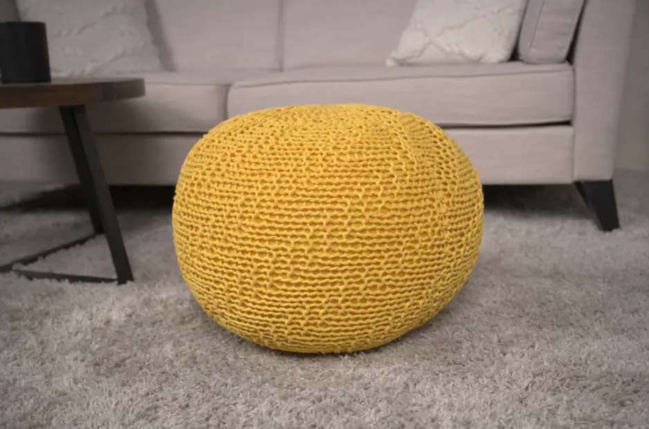 Front. Tiramisubest - Yellow Knitted Cotton Round Pouf for Ottoman or Floor Cushion - Yellow.