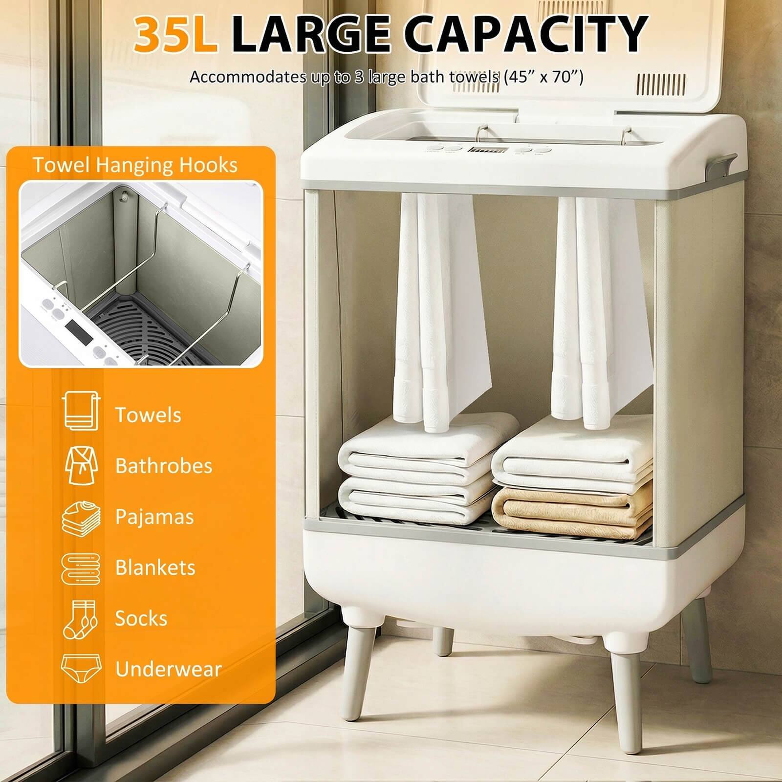 35L LARGE CAPACITY  
Accommodates up to 3 large bath towels (45" x 70")  

Towel Hanging Hooks  
- Towels  
- Bathrobes  
- Pajamas  
- Blankets  
- Socks  
- Underwear