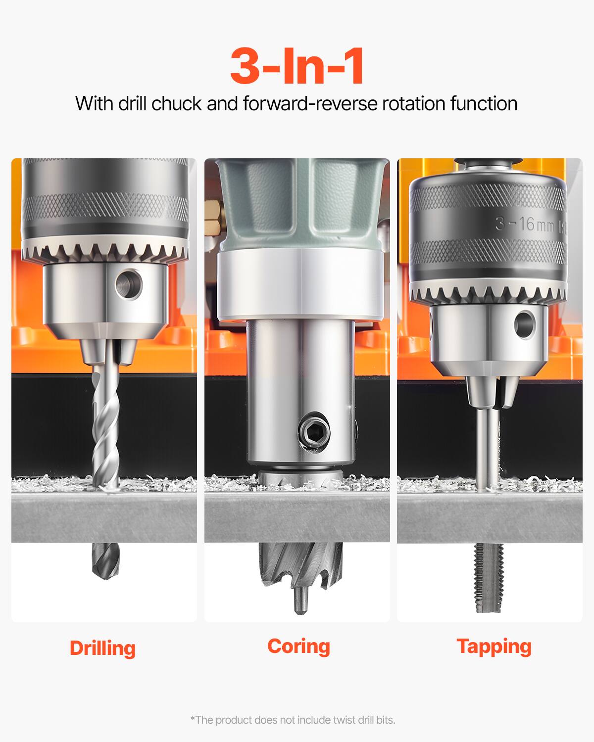 3-In-1 With drill chuck and forward-reverse rotation function

3-16mm - Drilling, Coring, Tapping

*The product does not include twist drill bits.
