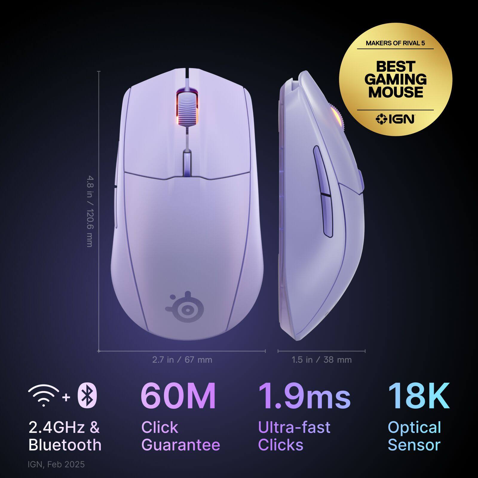 MAKERS OF RIVAL 5 BEST GAMING MOUSE IGN 4.8 in 1 120.6 mm 2.7 in in / 67 / 67 mm 1.5 in / / 38 mm + 60M 1.9ms 18K 2.4GHz & Click Ultra-fast Optical Bluetooth Guarantee Clicks Sensor IGN, Feb 2025
