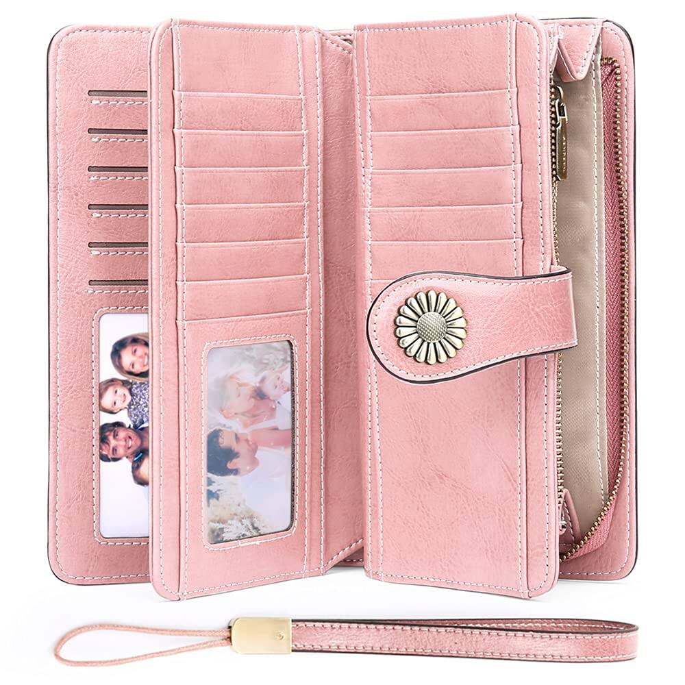 Jadie Link - Wallets Women Leather Credit Card Holder Rfid Blocking Large Capacity Wristlet Large Capacity womens wallet card slots - 1-Wax-Pink