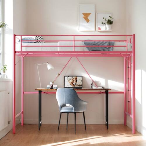 Alt View 4. Winado - Loft Bed Queen Size with Flat Ladder High Guardrail Rung Heavy Duty Metal Bed Frame Support for Adults Kids Young Teens - Pink.