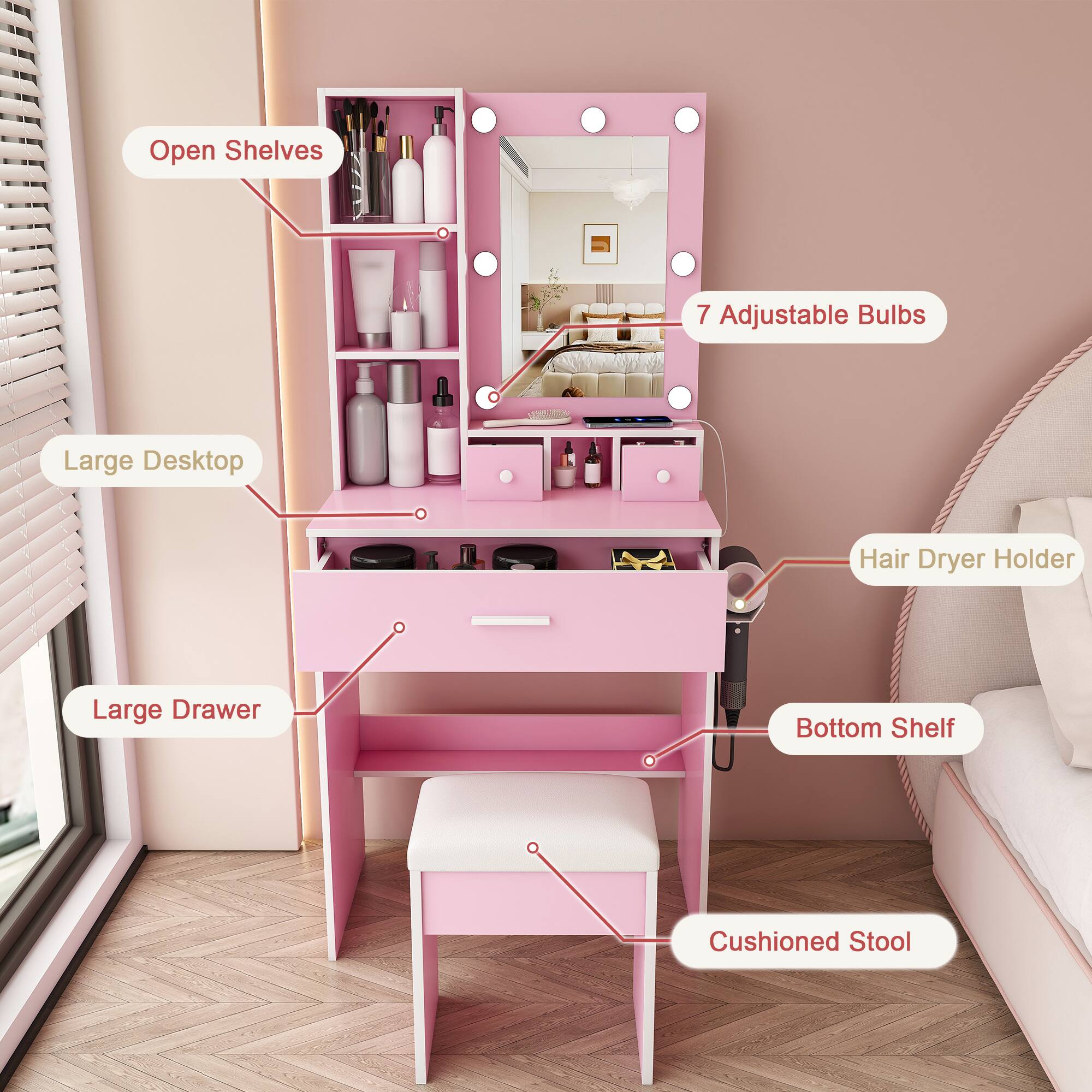 MERAVOM Makeup Vanity Desk with Mirror and Lights, Vanity Table Set ...