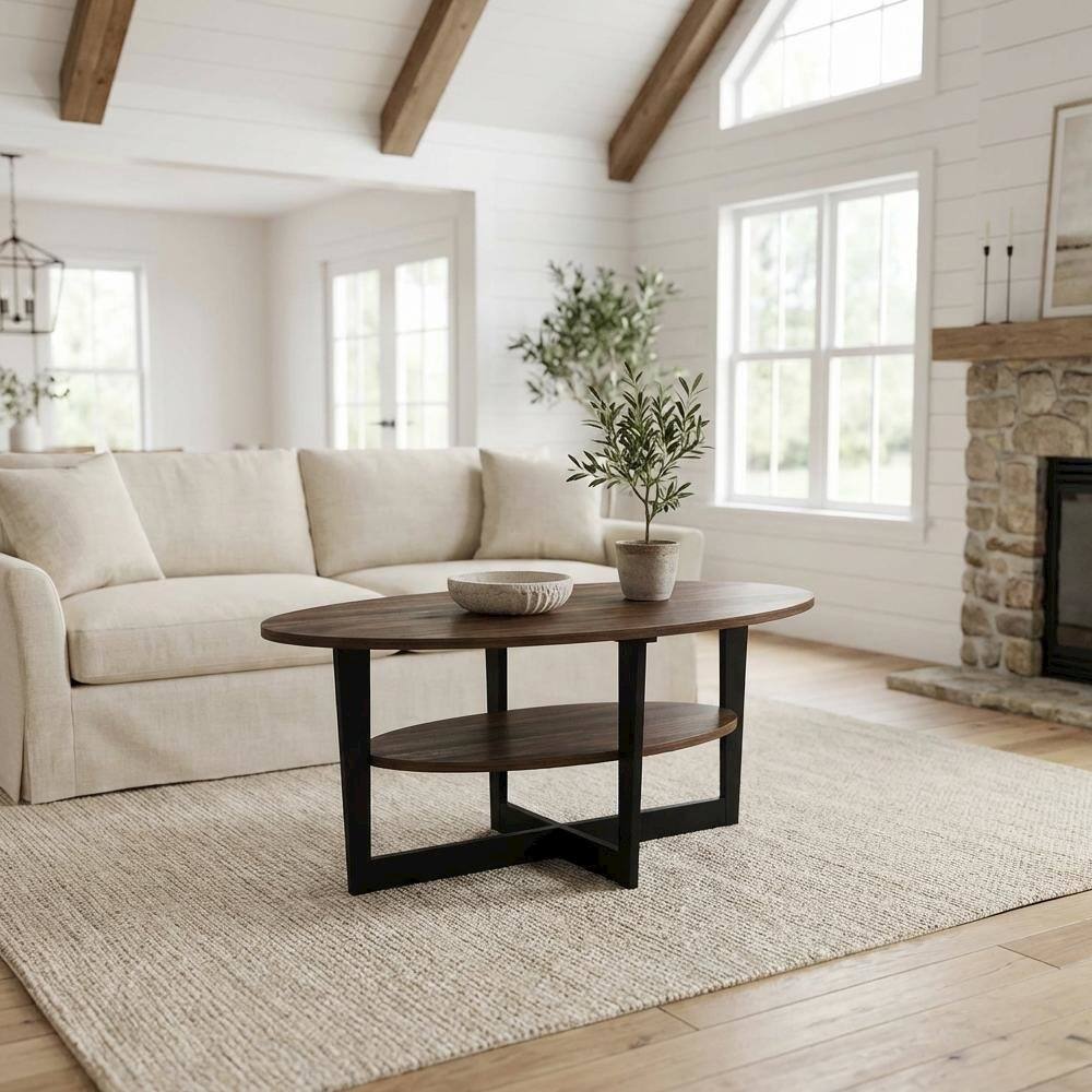 Angle. FurniFact - Oval Coffee Table Columbia Walnut Black Finish with Durable Construction - Columbia Walnut/Black.