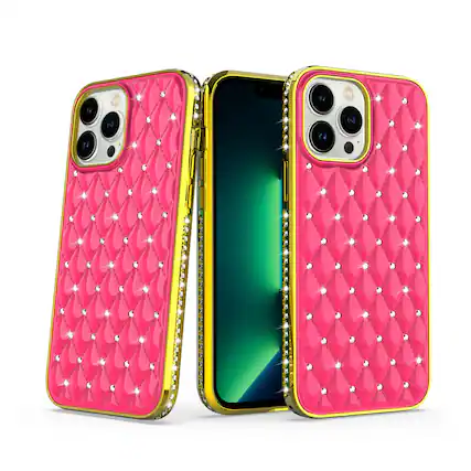 Front. Kitcheniva - Quilted Design Diamond Bling Chrome Plated Frame Phone Case For iPhone 14 Pro Hot Pink - Hot Pink.