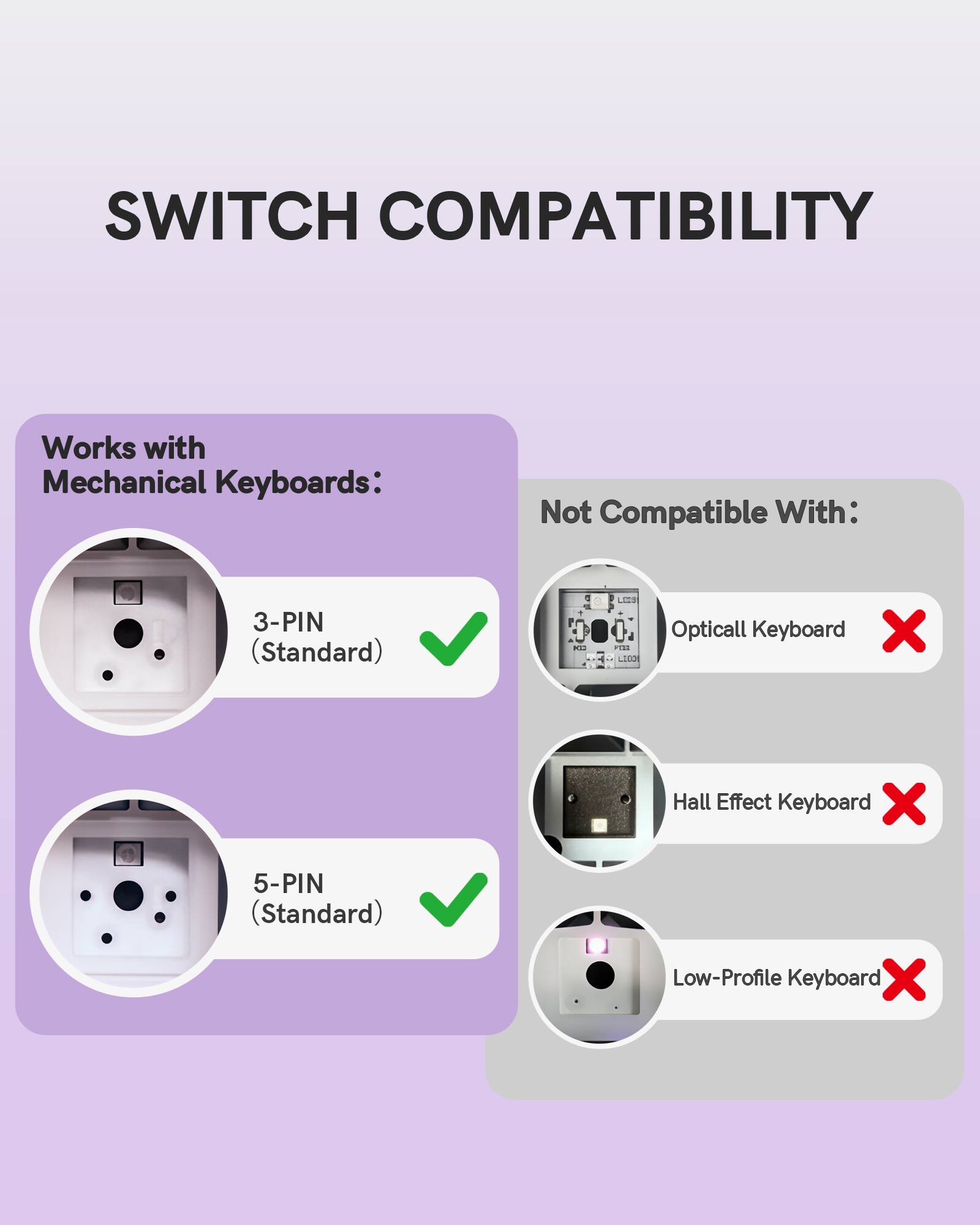 SWITCH COMPATIBILITY

Works with Mechanical Keyboards:
- 3-PIN (Standard) ✓
- 5-PIN (Standard) ✓

Not Compatible With:
- Optical Keyboard ❌
- Hall Effect Keyboard ❌
- Low-Profile Keyboard ❌
