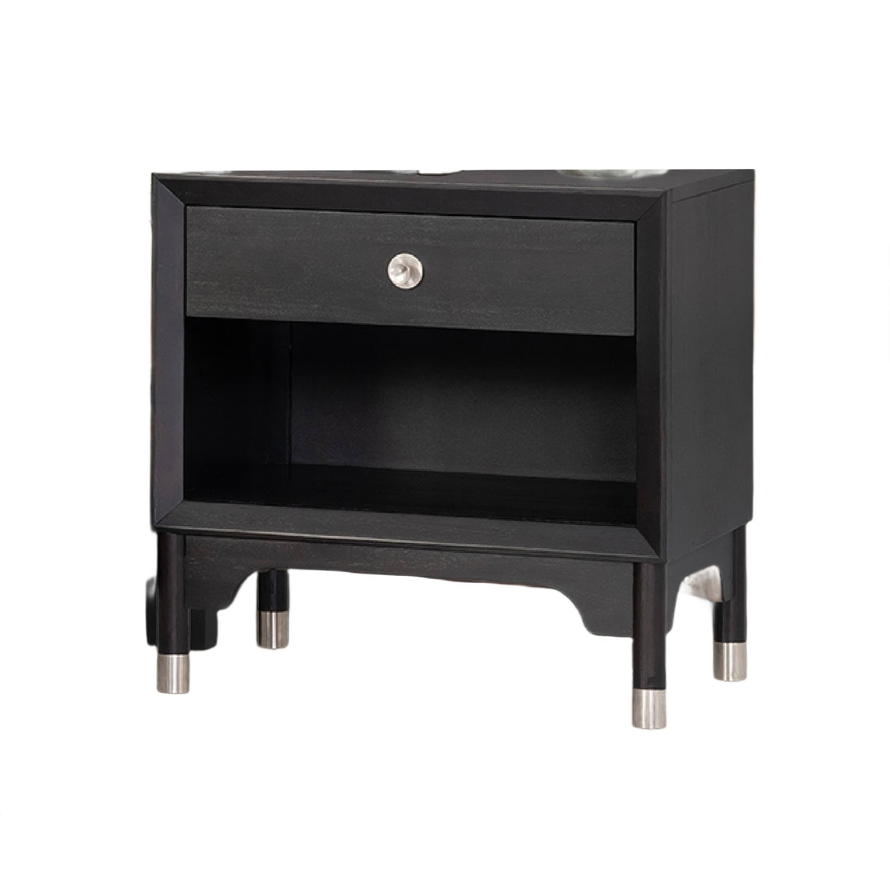 Front. Manhattan Lane - Tora Nightstand, 2 USB Ports, Drawer and Shelf, Capped Legs - Black, Silver.