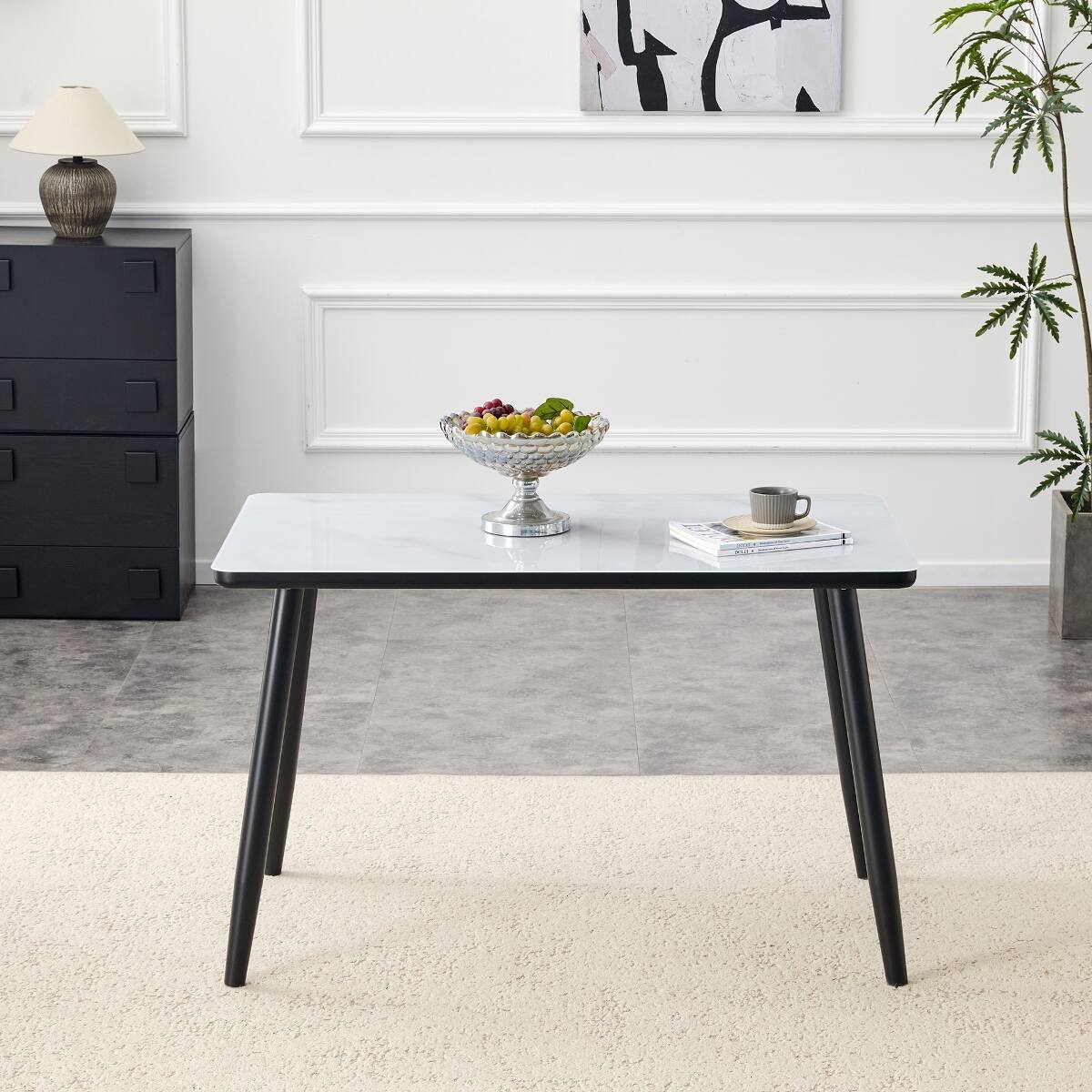 Angle. Loheer - Loheer Rectangular Dining Table with Imitation Marble Top, Tempered Glass, Seats 4 to 6 - White and Black.