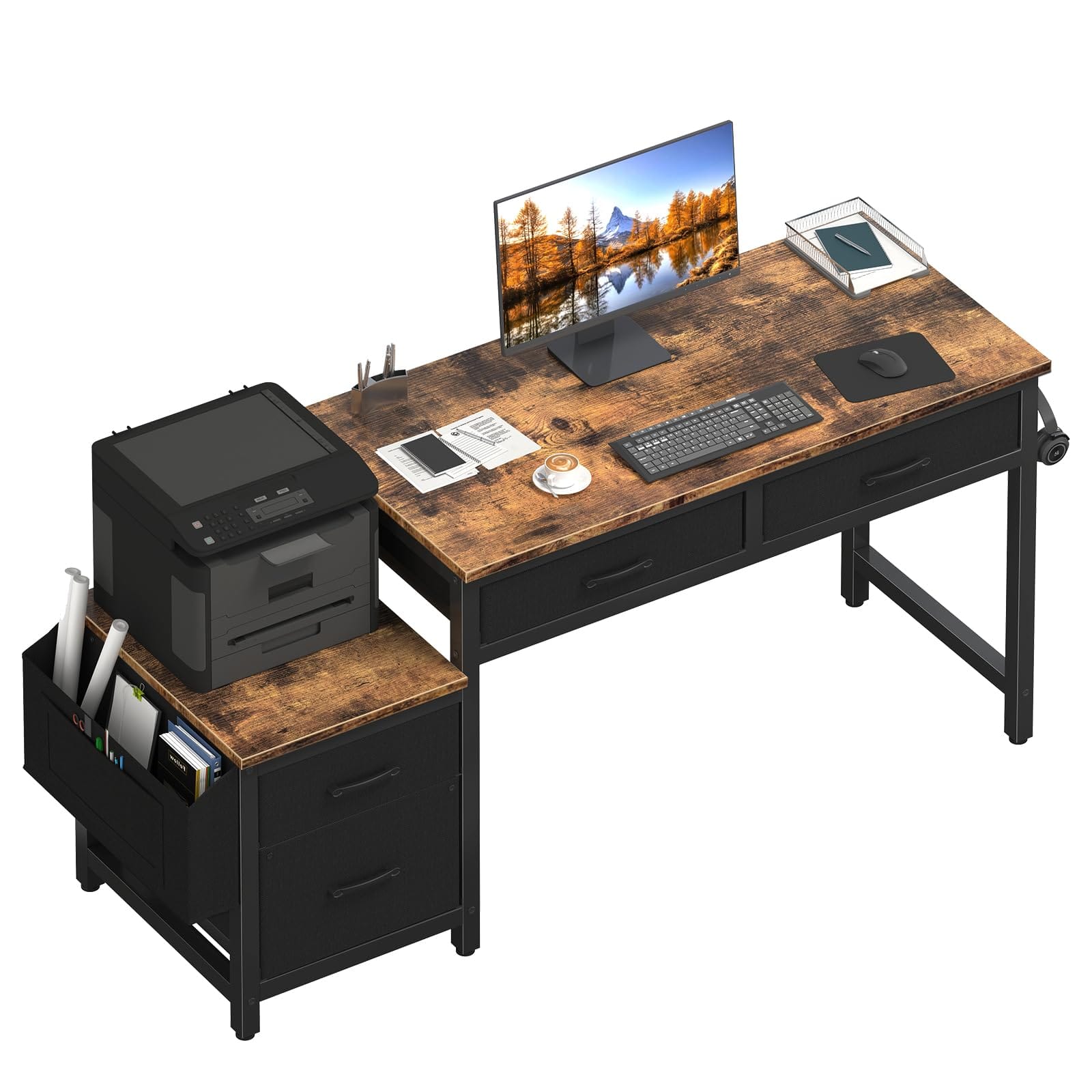 Fabibe - Computer Desk With Fabric File Drawers Cabinet 57 Inch Home Office Desks Filing Printer Stand For Small Space Office Des - Brown Black 57.1"