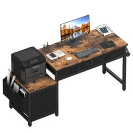 Fabibe - Computer Desk With Fabric File Drawers Cabinet 57 Inch Home Office Desks Filing Printer Stand For Small Space Office Des - Brown Black 57.1"