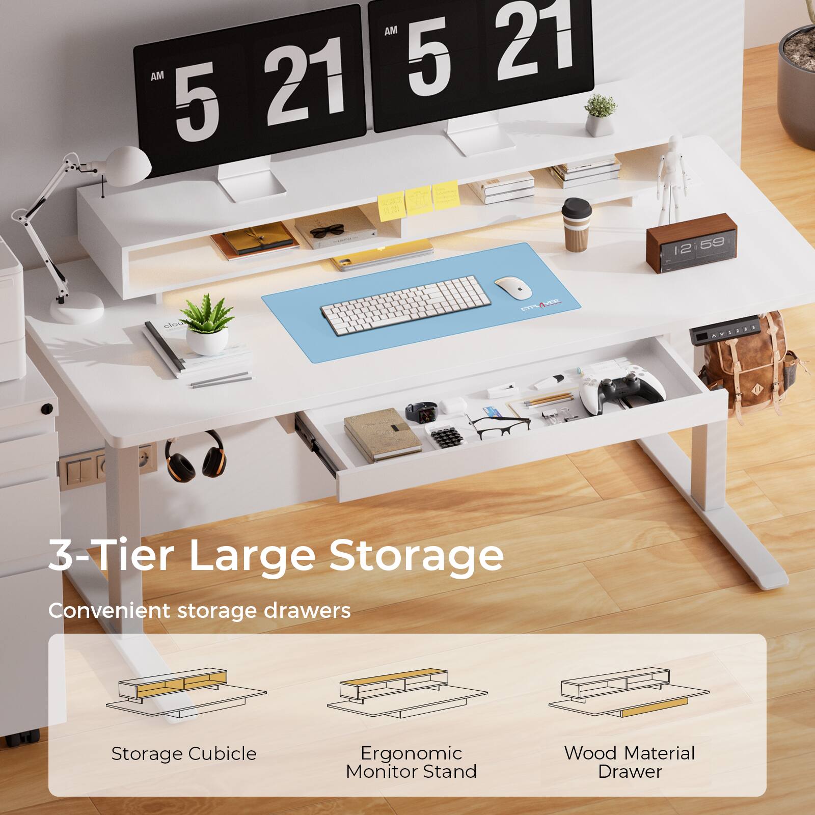 3-Tier Large Storage  
Convenient storage drawers  

- Storage Cubicle  
- Ergonomic Monitor Stand  
- Wood Material Drawer