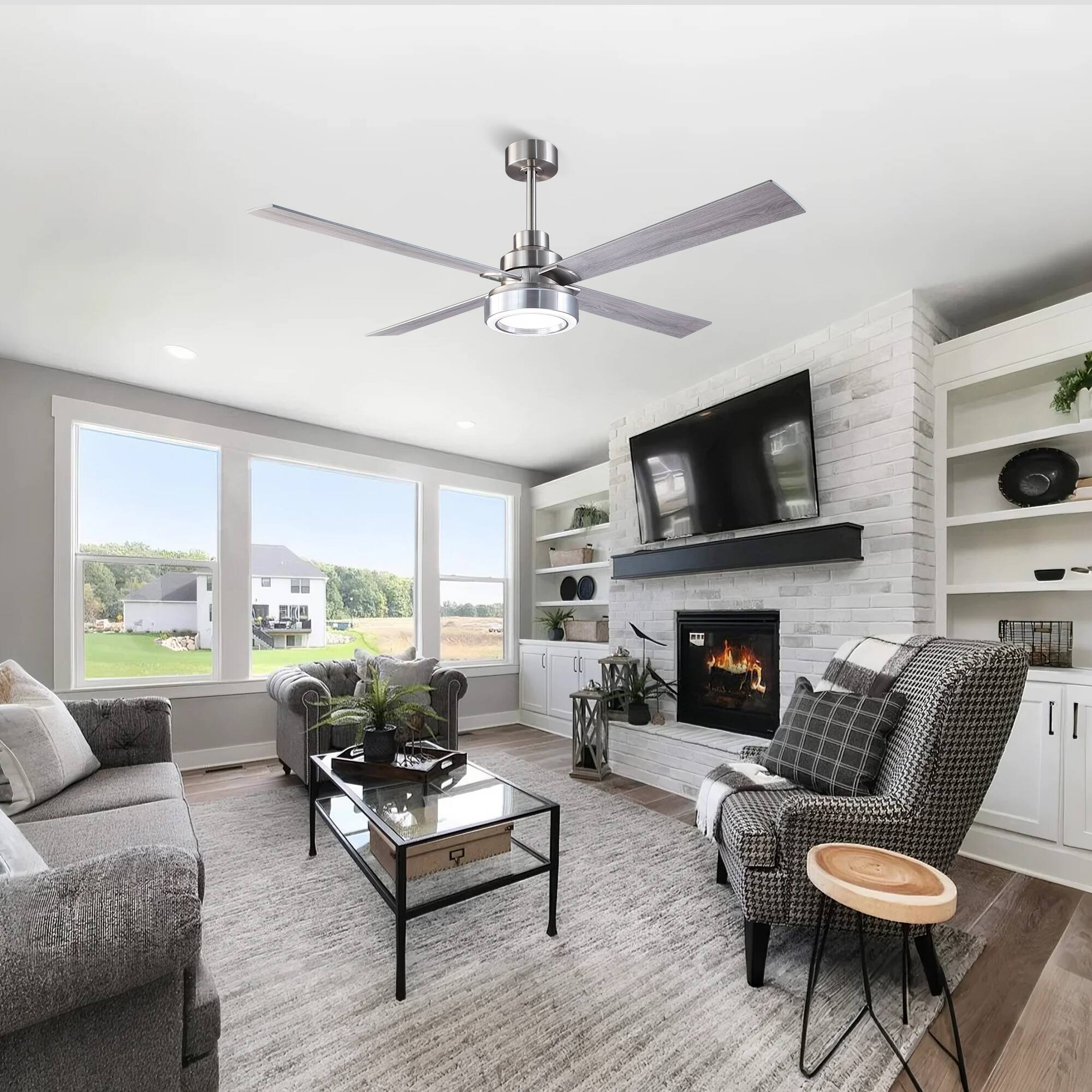 Angle. Parrot Uncle - 60" Modern Brushed Nickel Integrated LED Smart Ceiling Fan with Light and App - Sand Nickel.