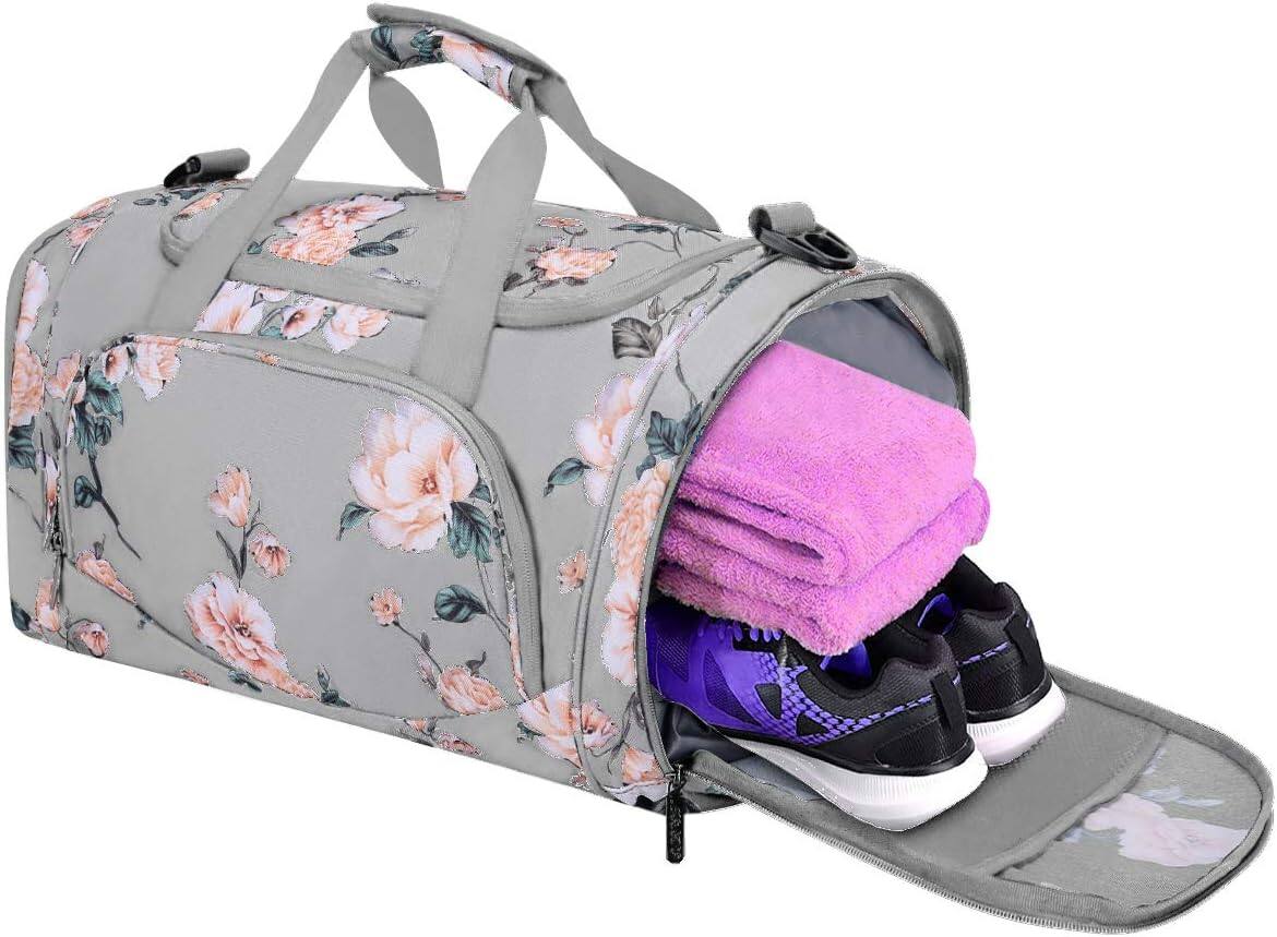 Angle. mosiso - Peony Sports Duffel Bag for Women & Men, Gym Bag with Shoe Compartment for Dance, Travel & Weekend Trips - Gray.