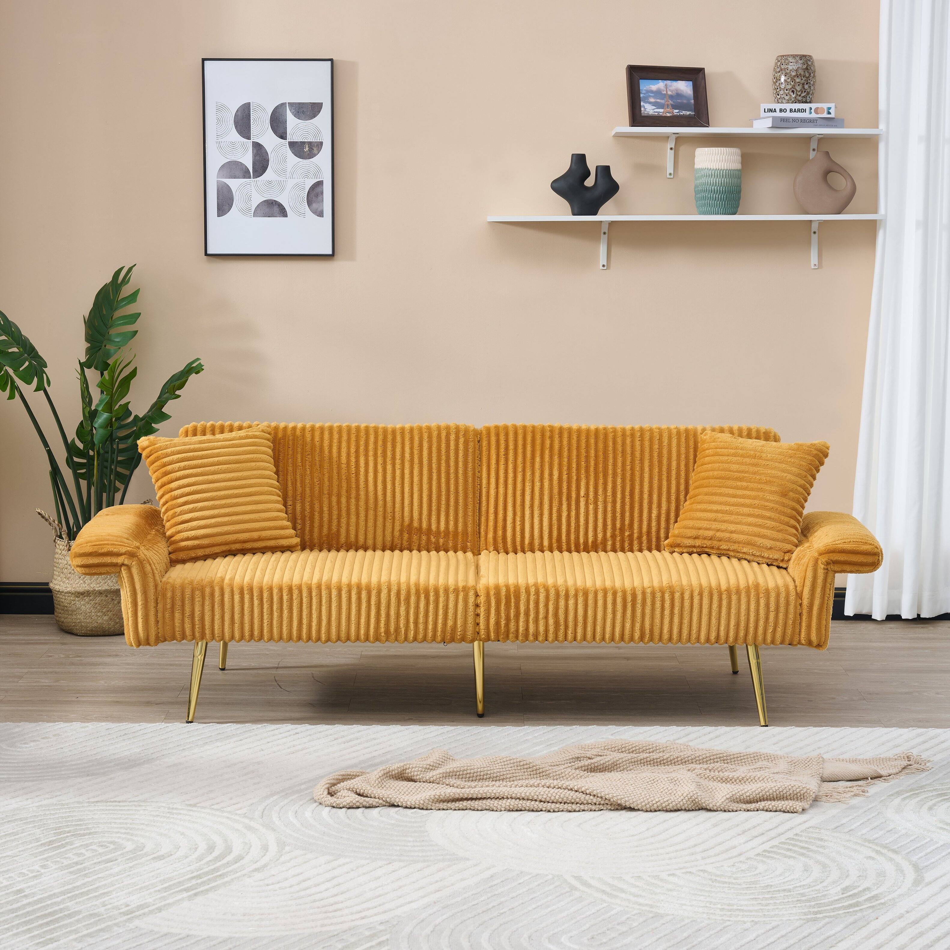 Alt View 2. Boyel Living - 79 Inch Yellow Corduroy Foldable Sofa Bed with Adjustable Armrests for Living Room and Small Spaces - Yellow.