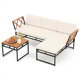Costway - 3 PCS L-Shaped Patio Furniture Set with Loveseat Square Coffee Table Soft Back - Brown