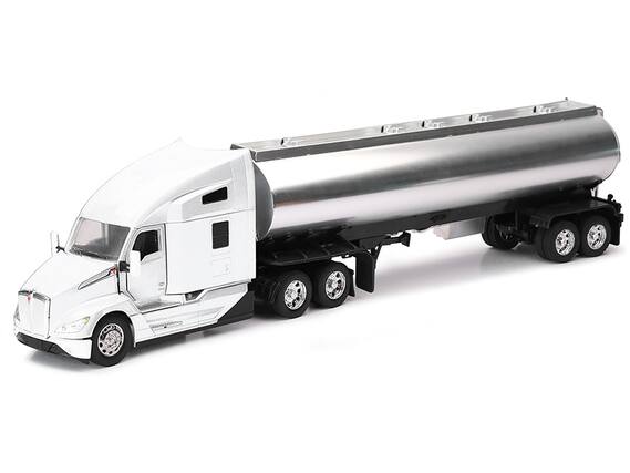 Front. New Ray - Kenworth T680 Truck White with Oil Tanker Trailer Chrome "Long Haul Trucker" Series 1/32 Diecast Model by New Ray - White.