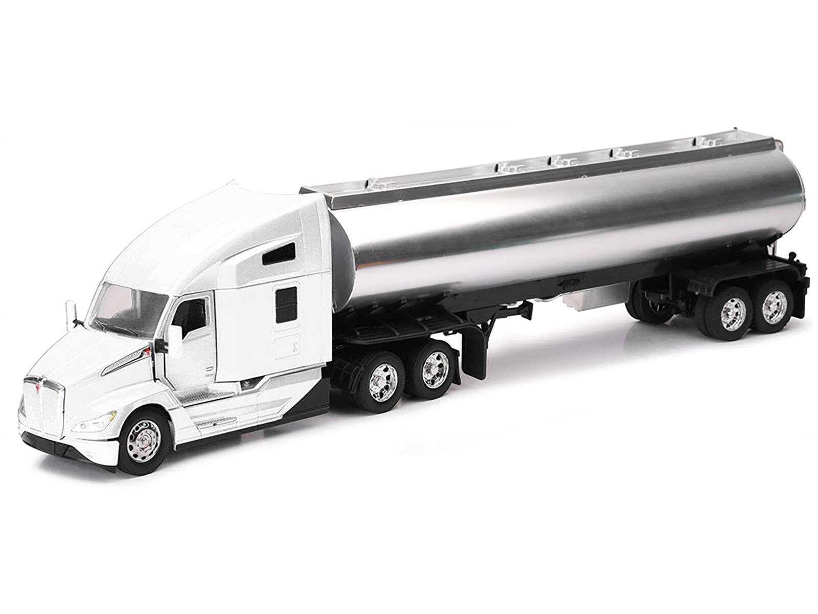 Front. New Ray - Kenworth T680 Truck White with Oil Tanker Trailer Chrome "Long Haul Trucker" Series 1/32 Diecast Model by New Ray - White.