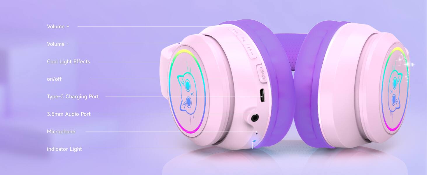 Volume +  
Volume -  
Cool Light Effects on/off  
Type-C Charging Port  
3.5mm Audio Port  
Microphone  
Indicator Light