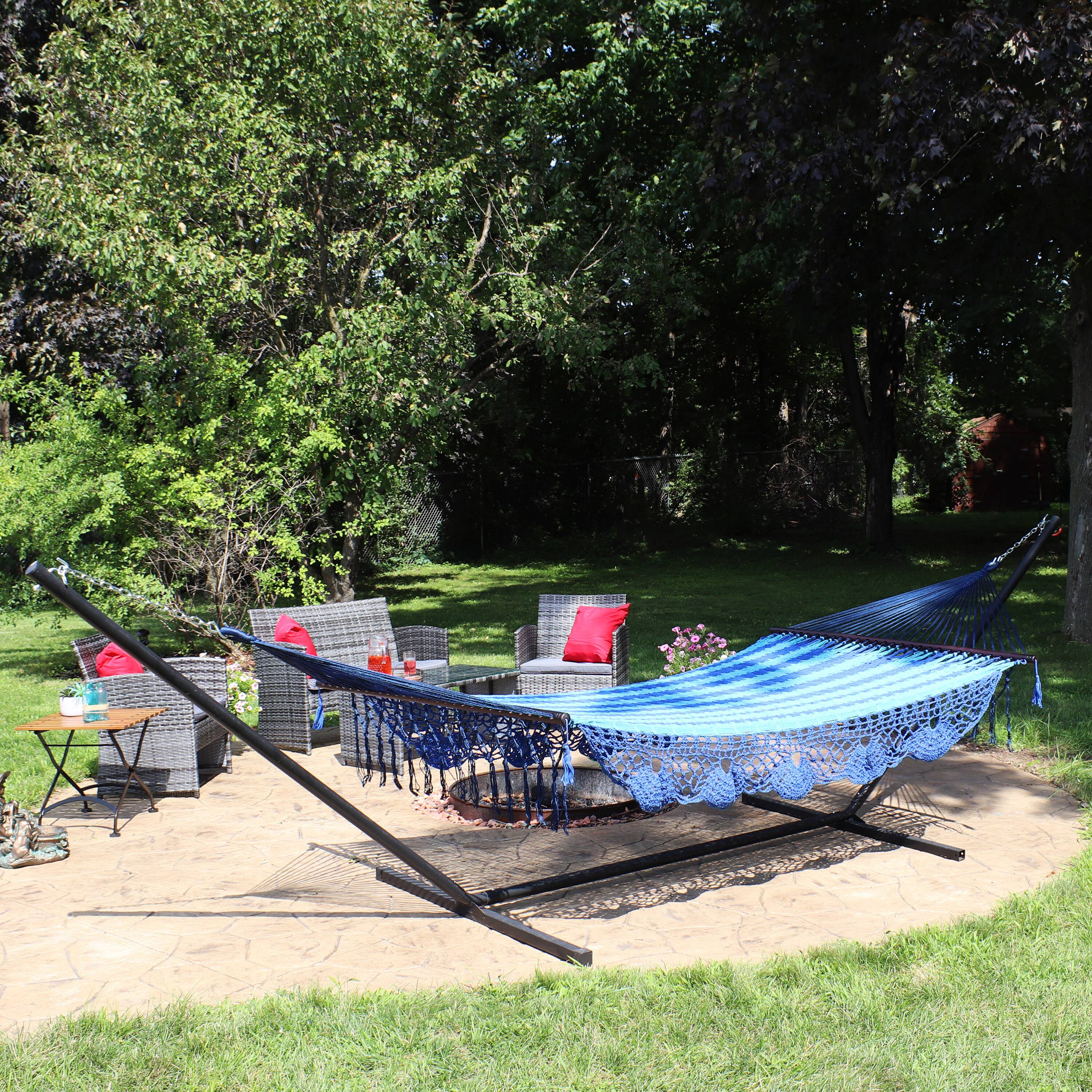 Alt View 3. Sunnydaze - 2-Person Cotton/Nylon Hammock with Steel Stand and Fringe - Blue.