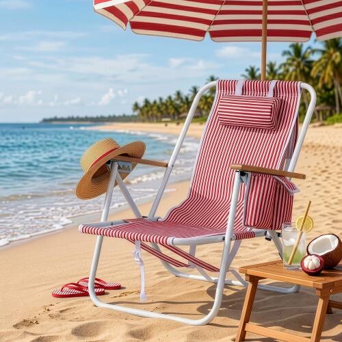 Alt View 10. Winado - Folding Beach Chair, Portable Reclining Lounge Chair with Adjustable 4-Position, Padded Headrest for Beach Pool Garden - Red & White Stripes.