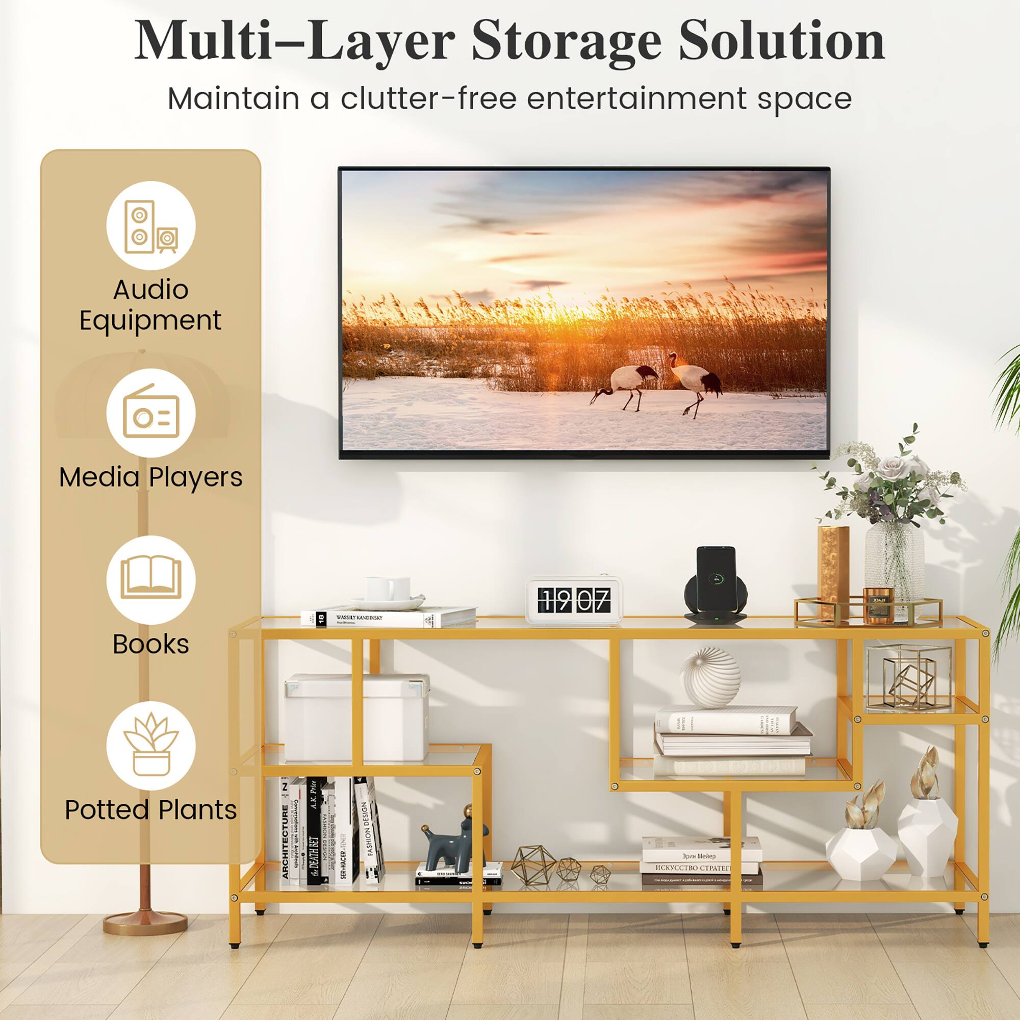 Multi-Layer Storage Solution, Maintain a clutter-free entertainment space, Audio Equipment, Media Players, Books, Potted Plants