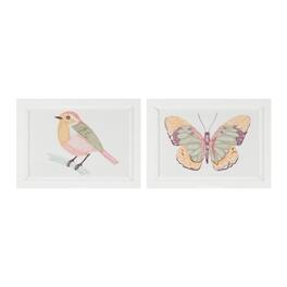BreeBe - Framed Bird and Butterfly Wall Plaque (Set of 2) - White, Yellow, Pink