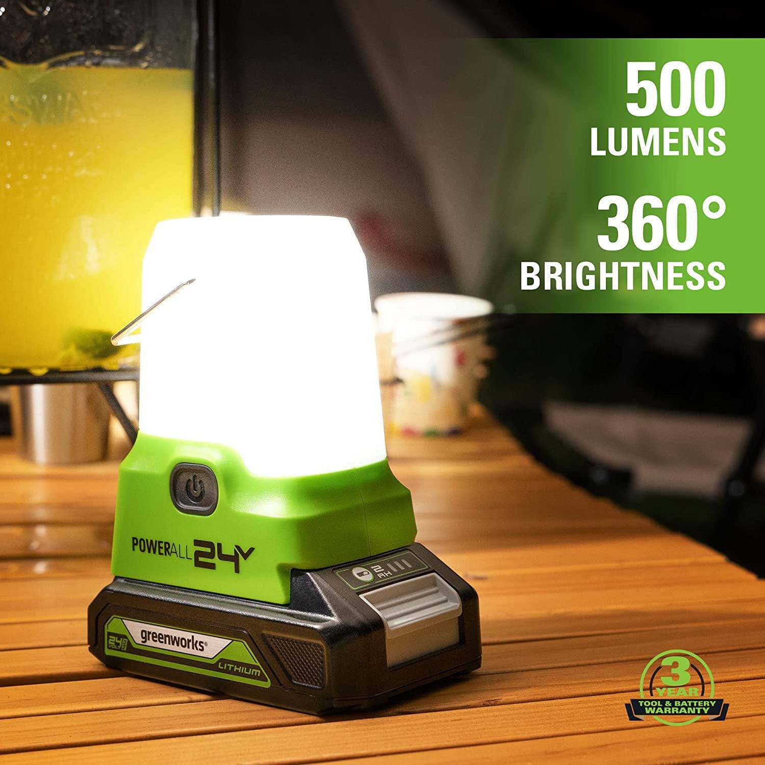500 LUMENS  
360° BRIGHTNESS  

POWERALL 24Y  

greenworks LITHIUM  

3 YEAR TOOL & BATTERY WARRANTY