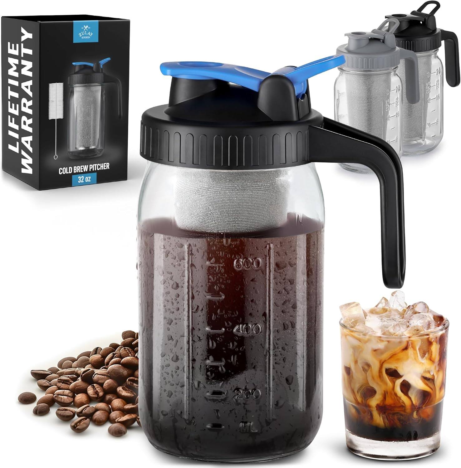 Zulay Kitchen - Premium Cold Brew Coffee Maker - 32oz Mason Jar with Leak-Proof Lid & Extra Thick Glass - Blue