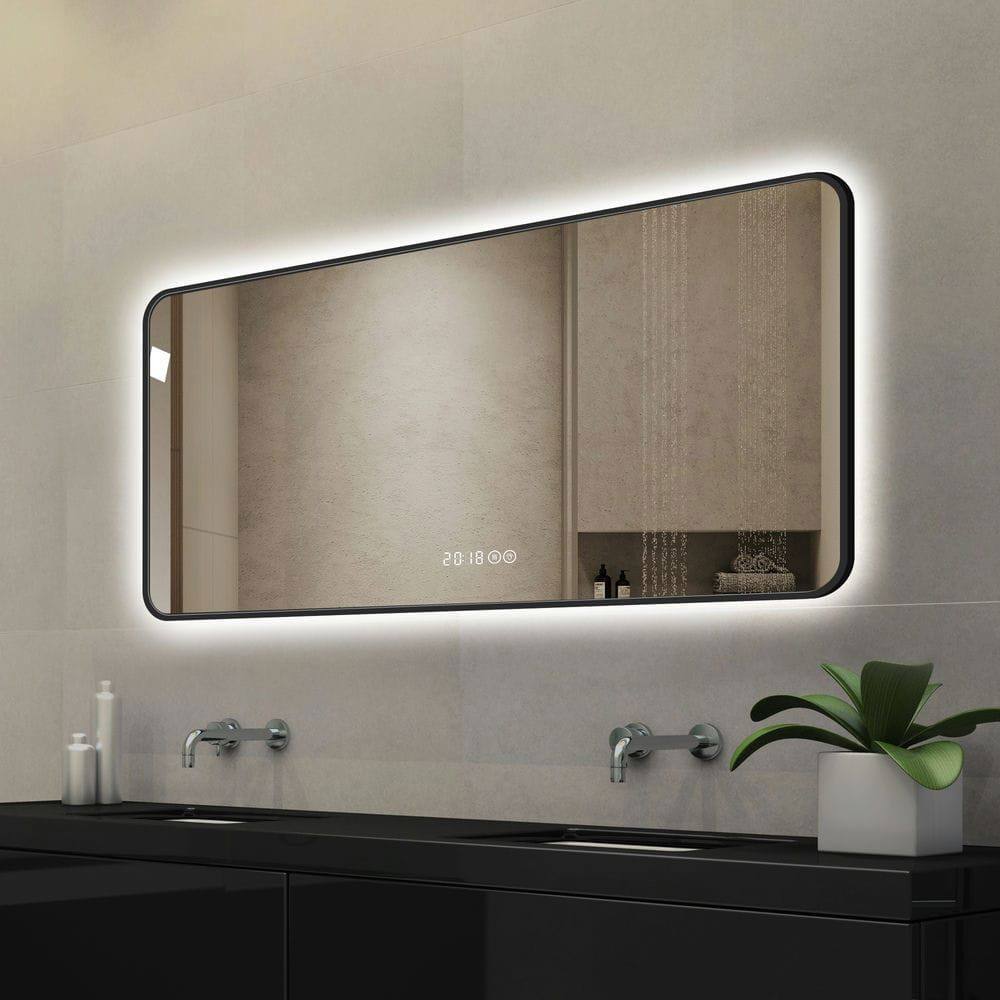 Alt View 1. Kadyn - 48"x32" Black Frame LED Vanity Mirror, Rounded Corners/Temp Display/Tri-Color Light/Anti-Fog HD Tempered Glass, Black.