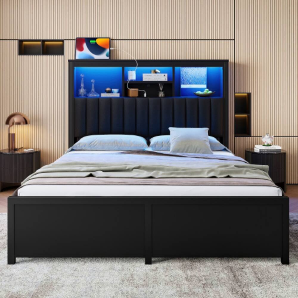 Angle. LUCKY ONE - Queen Size Bed Frame with High Storage Headboard, LED Lights, USB Charging Station, 4 Drawers - Black,Queen.