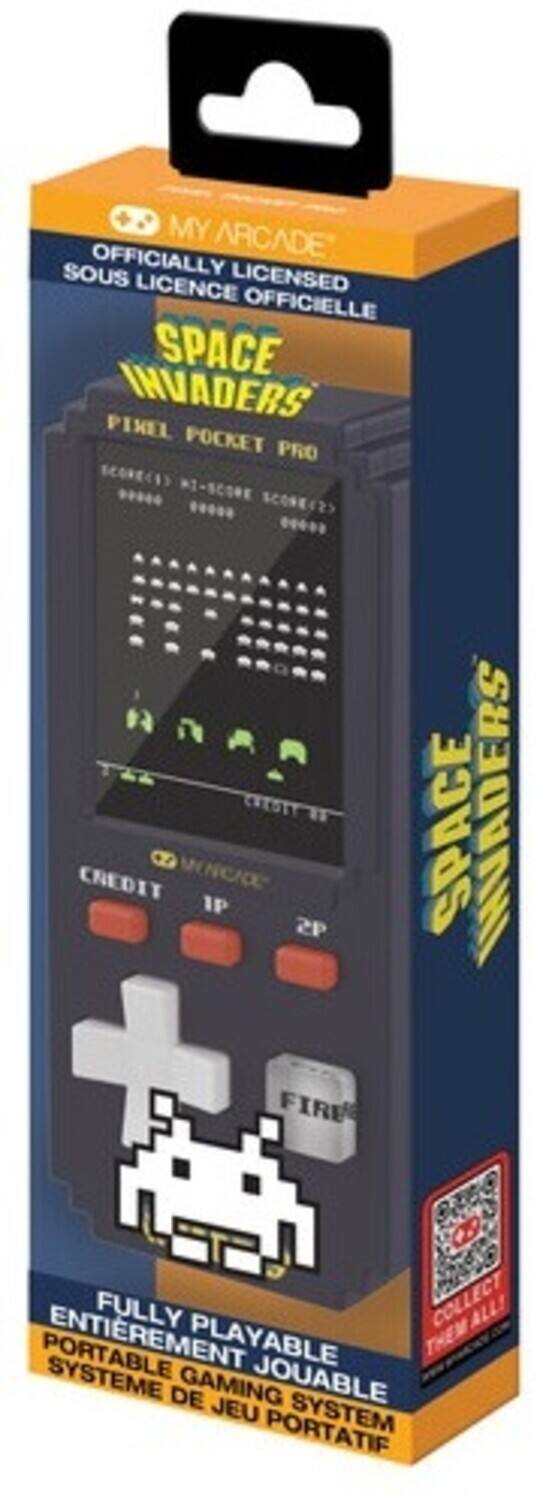 Sure, here is the corrected and grouped text from the image:
---
**MY ARCADE**
**OFFICIALLY LICENSED**
**SOUS LICENCE OFFICIELLE**
**SPACE INVADERS**
**PINBALL POCKET PRO**
**FULLY PLAYABLE**
**ENTIÈREMENT JOUABLE**
**PORTABLE GAMING SYSTEM**
**SYSTÈME DE JEU PORTATIF**
**COLLECT THEM ALL!**
---
This text is taken directly from the image and grouped accordingly.