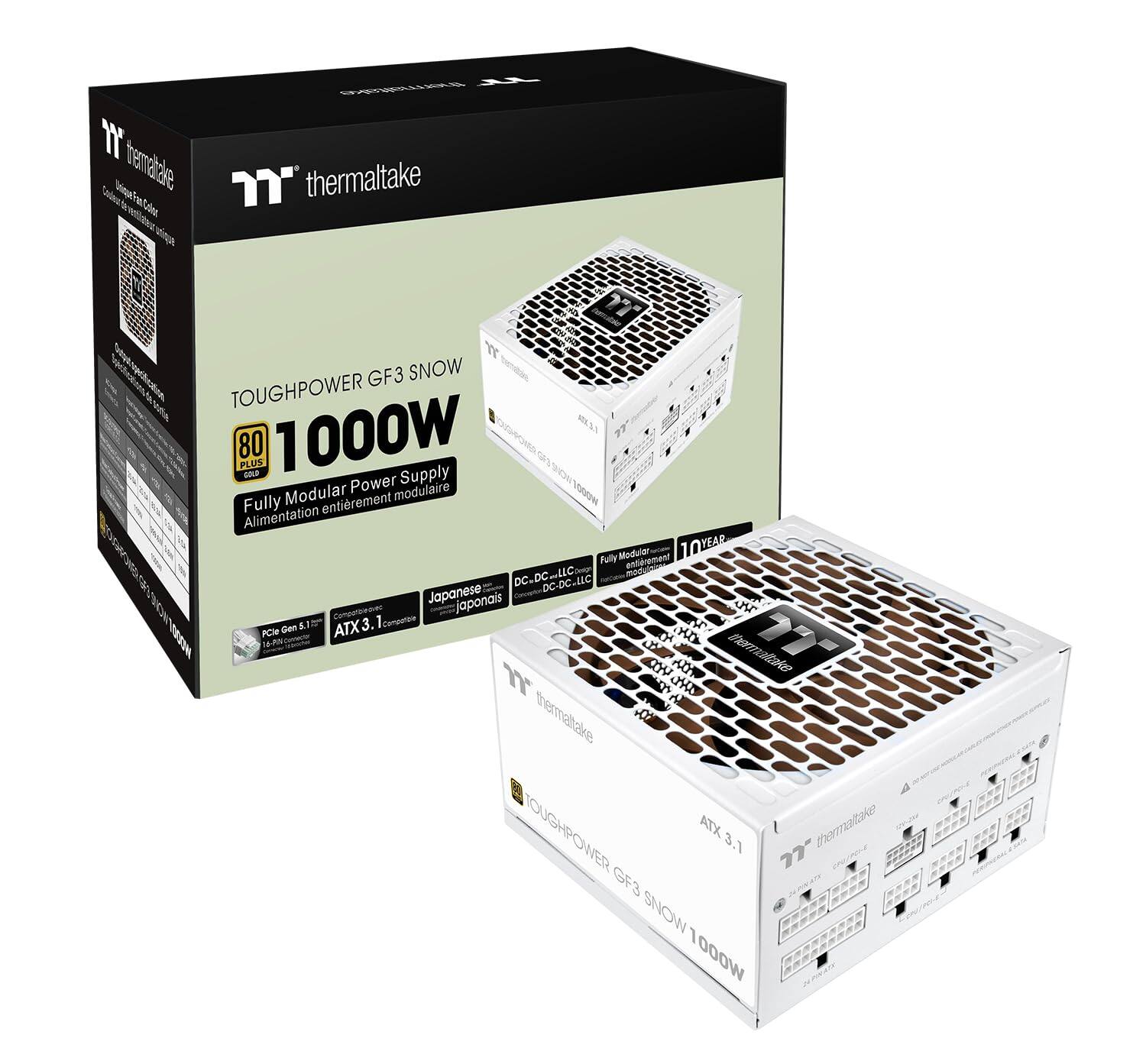 Thermaltake Toughpower GF3 Snow 1000W 80+ Fully Modular Power Supply  
ATX 3.1  
10 Year Warranty  
Japanese Components  
DC-DC Conversion