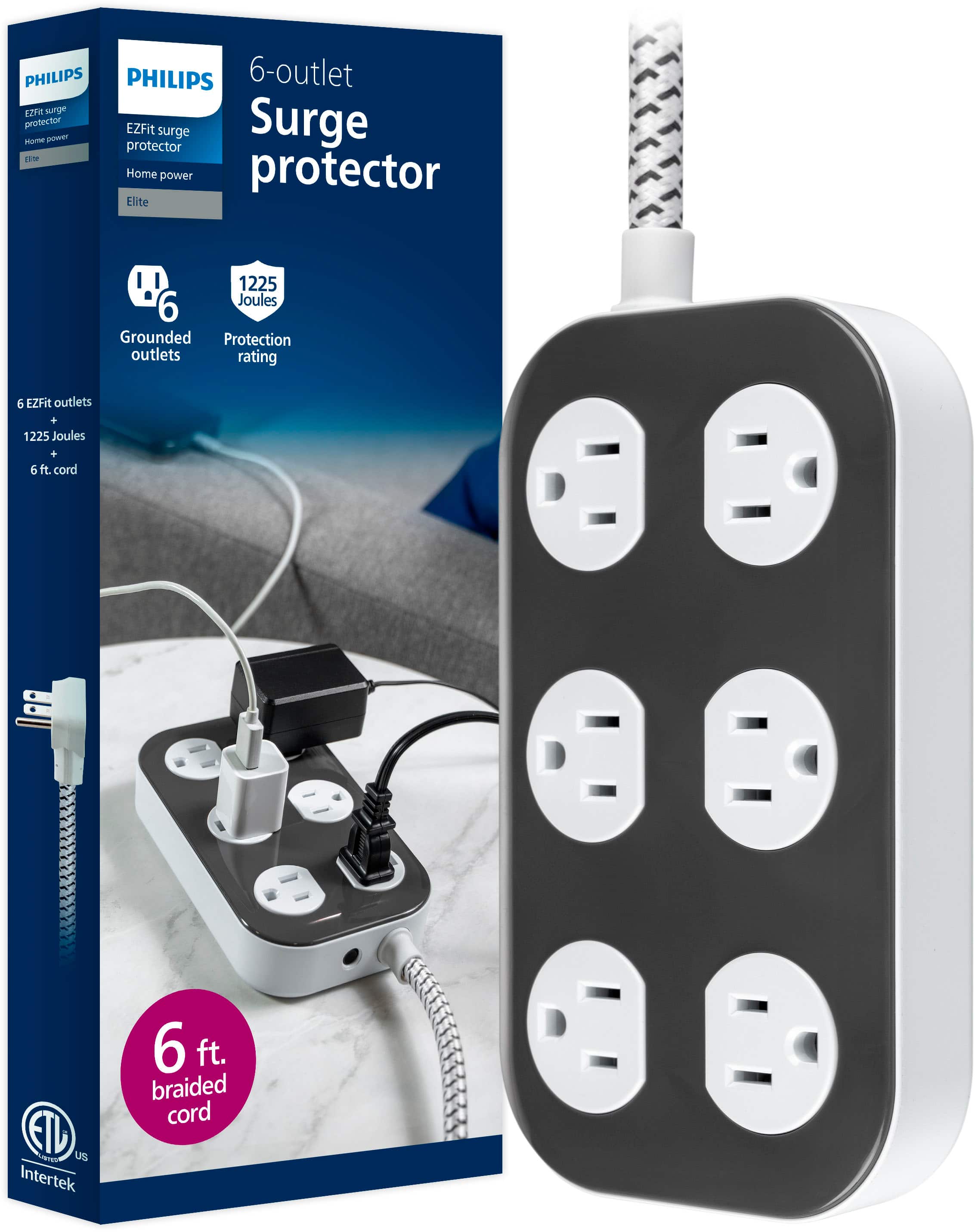Philips 6-outlet 12n surge protector EZFit Surge power surge protector 11m Home power protector Elite 1225 6 Joules Grounded Protection outlets rating 5 EZFit outlets + 1225 Joules + 6 ft. braided cord ETD a US Intertek.