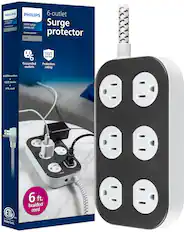 Philips 6-outlet 12n surge protector EZFit Surge power surge protector 11m Home power protector Elite 1225 6 Joules Grounded Protection outlets rating 5 EZFit outlets + 1225 Joules + 6 ft. braided cord ETD a US Intertek.