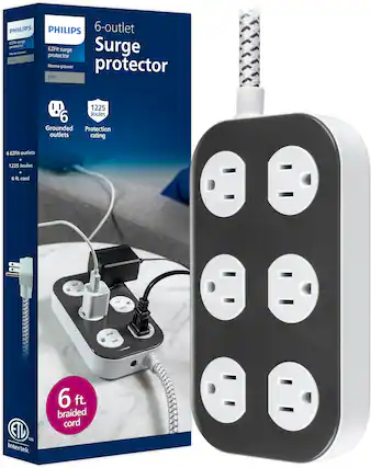 Philips 6-outlet 12n surge protector EZFit Surge power surge protector 11m Home power protector Elite 1225 6 Joules Grounded Protection outlets rating 5 EZFit outlets + 1225 Joules + 6 ft. braided cord ETD a US Intertek.