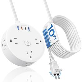 Dazzed Corner - 20W Power Strip, 6 Outlets & 4 USB (2 USB-C), 10FT Cord, 180° Rotating Plug - White