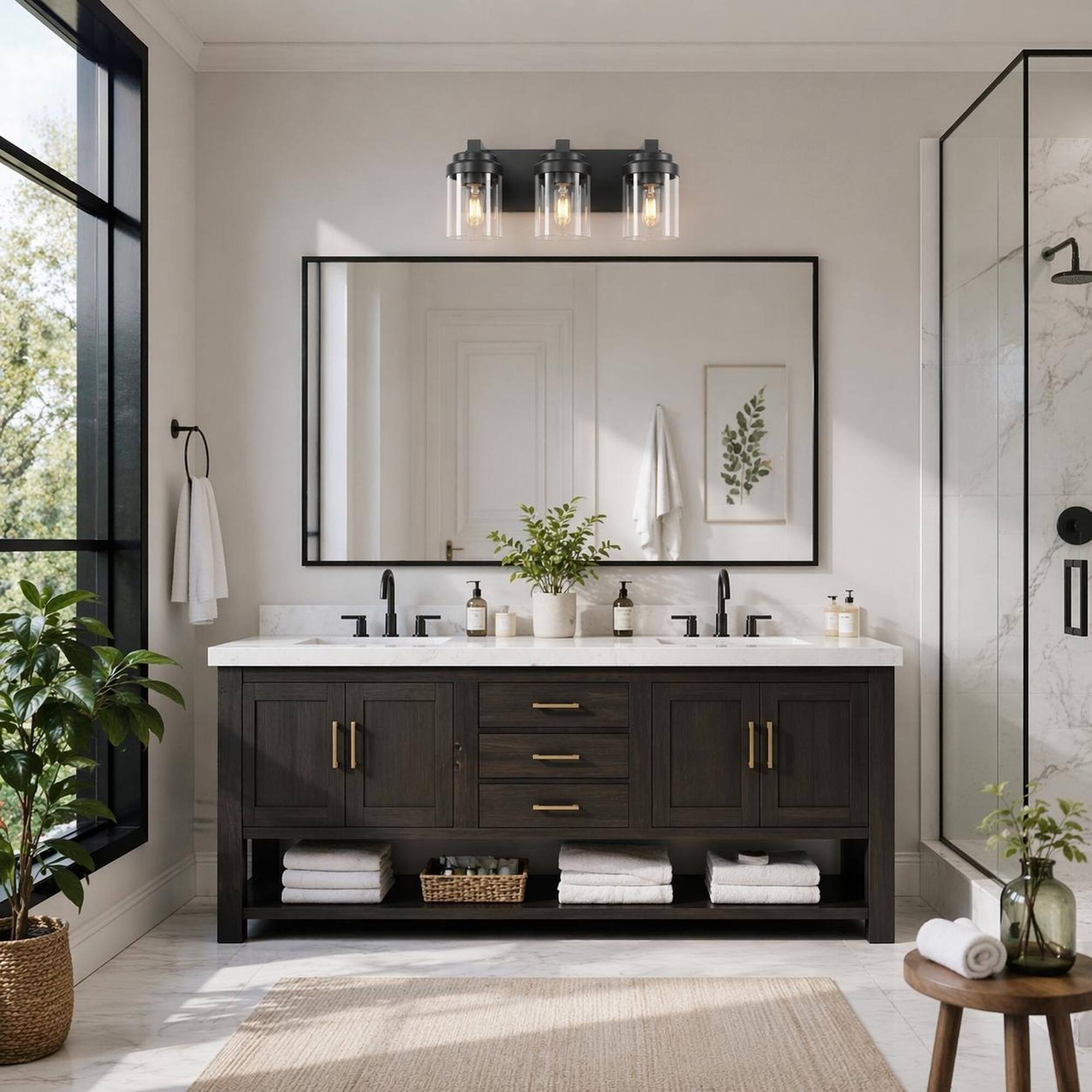 Alt View 2. RYHNUYNE - 3-Light Matte Black Bathroom Vanity Light with Clear Glass Shades, E26 Ceramic Sockets, Dimmable Wall Fixture.