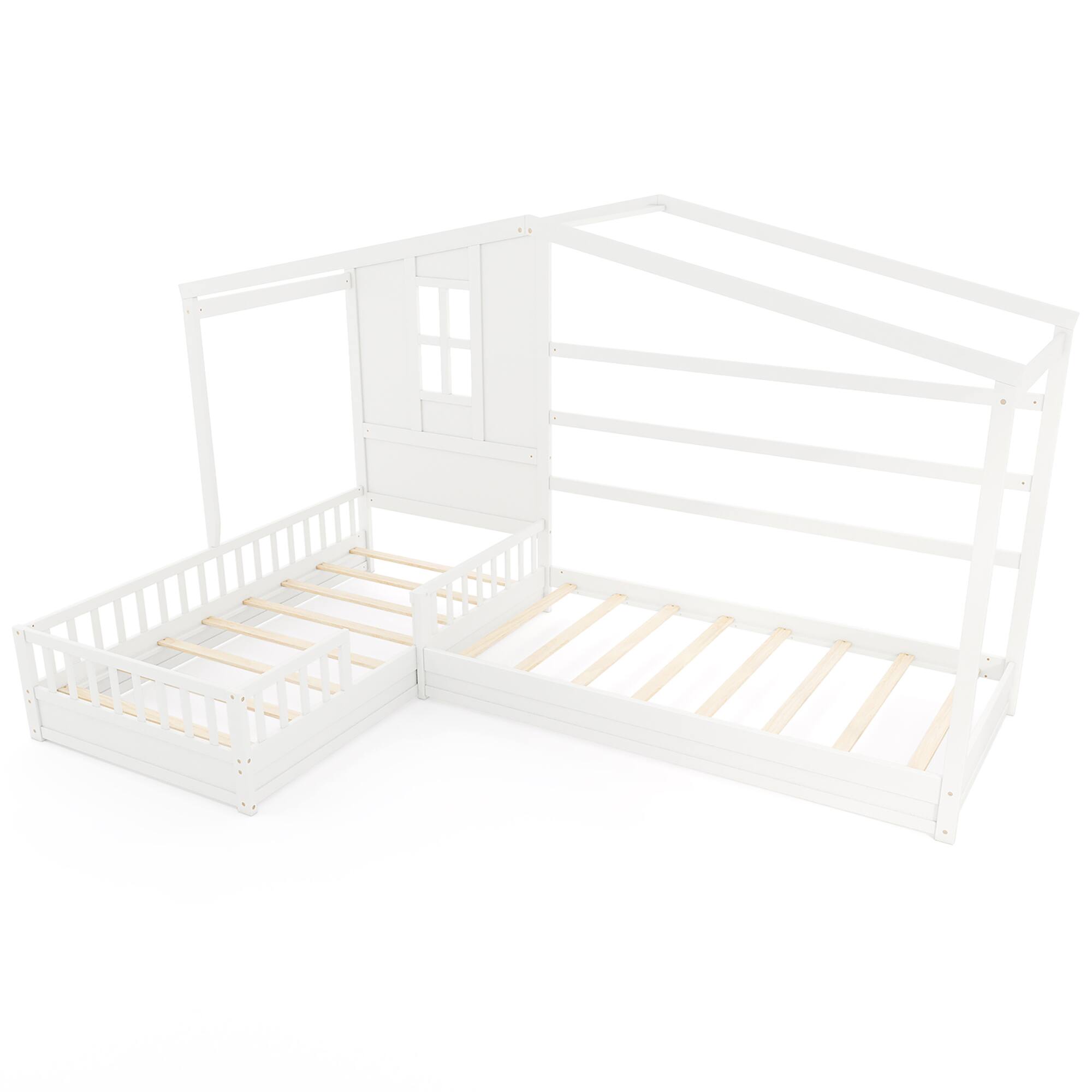 Alt View 9. Gymax - Gymax L-shaped Double Twin Beds House Platform Beds w/ Window & Fences ray White - White.